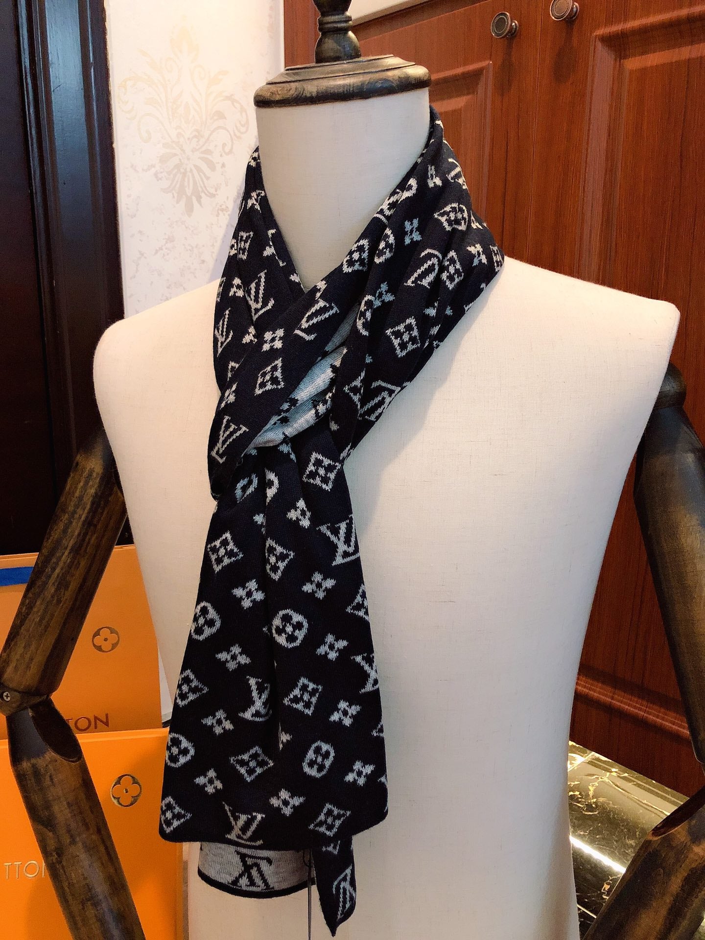 Classic Monogram Print Scarf - Black and White Designer Inspired Winter Neck Wrap for Men and Women