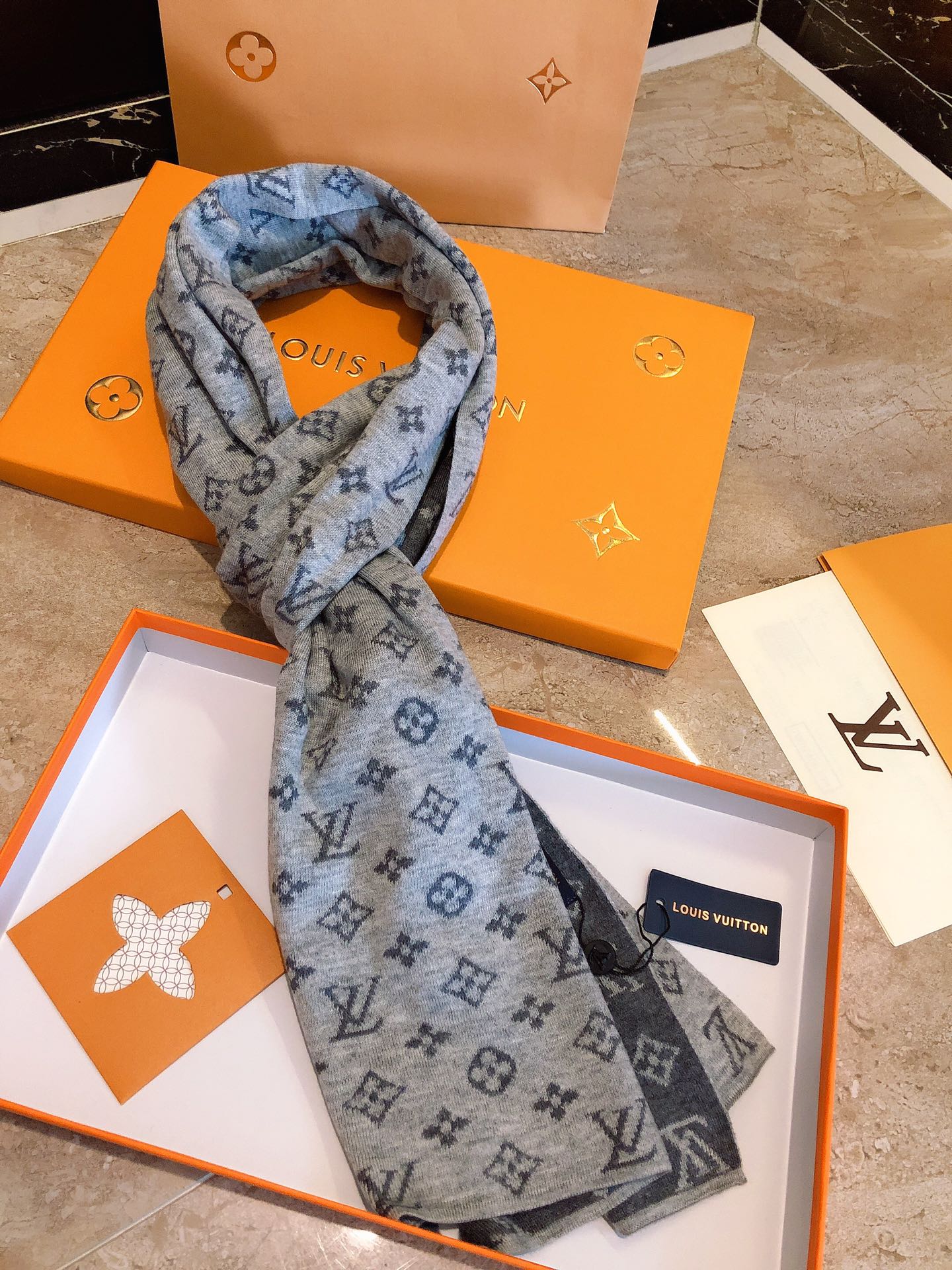 Classic Monogram Pattern Scarf, Grey and Blue Elegant Winter Neck Wrap, Luxury Style Fashion Accessory for Men and Women