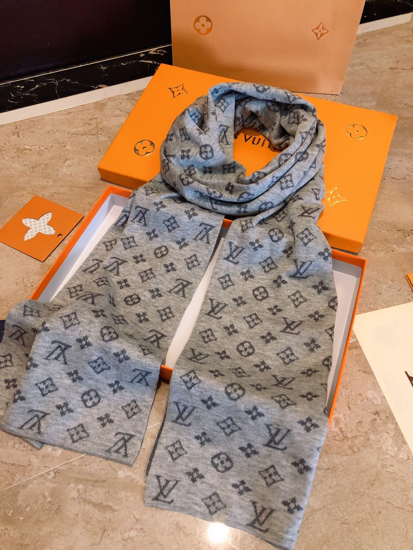 Classic Monogram Pattern Scarf, Grey and Blue Elegant Winter Neck Wrap, Luxury Style Fashion Accessory for Men and Women