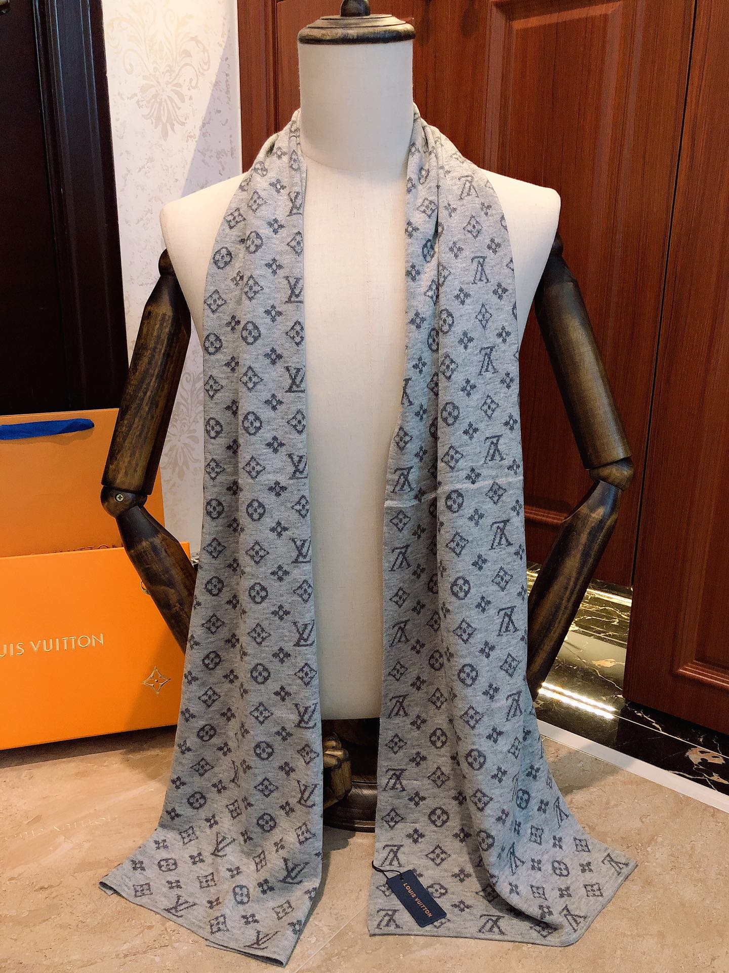 Classic Monogram Pattern Scarf, Grey and Blue Elegant Winter Neck Wrap, Luxury Style Fashion Accessory for Men and Women