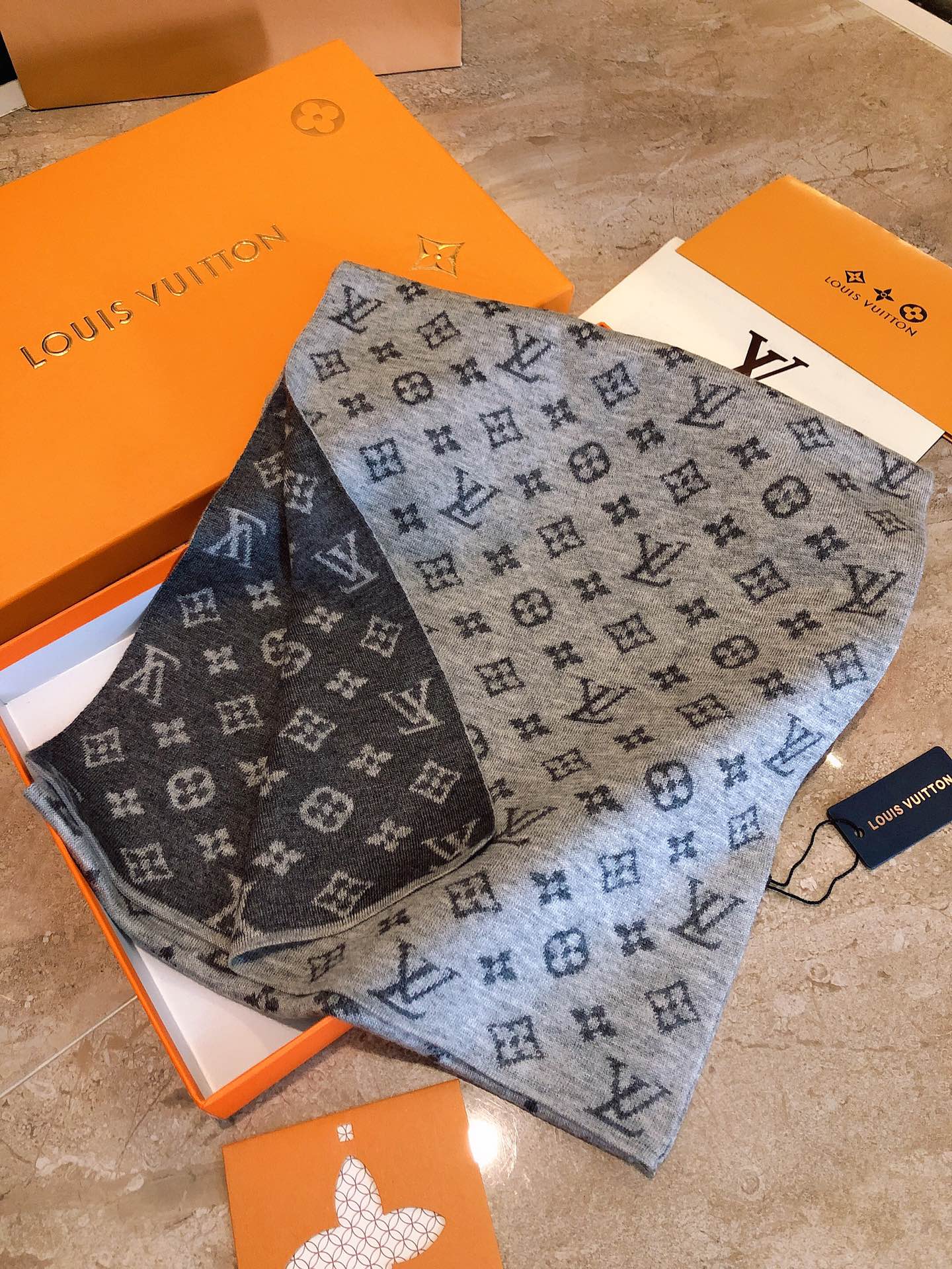 Classic Monogram Pattern Scarf, Grey and Blue Elegant Winter Neck Wrap, Luxury Style Fashion Accessory for Men and Women