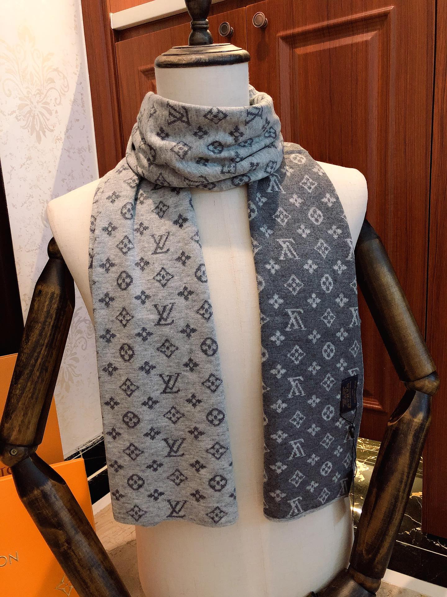 Classic Monogram Pattern Scarf, Grey and Blue Elegant Winter Neck Wrap, Luxury Style Fashion Accessory for Men and Women