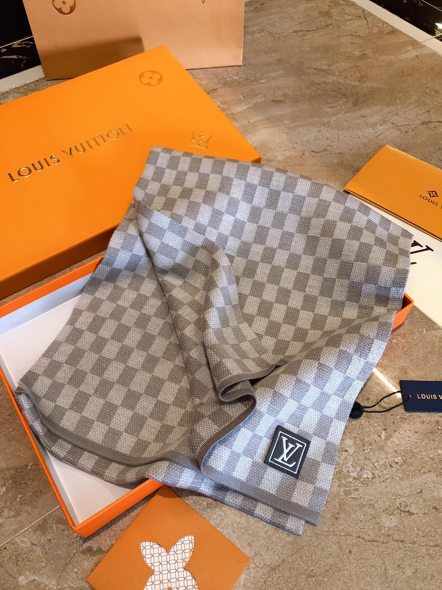 Grey and White Checkered Damier Scarf - Luxury Wool Blend Winter Accessory for Men and Women