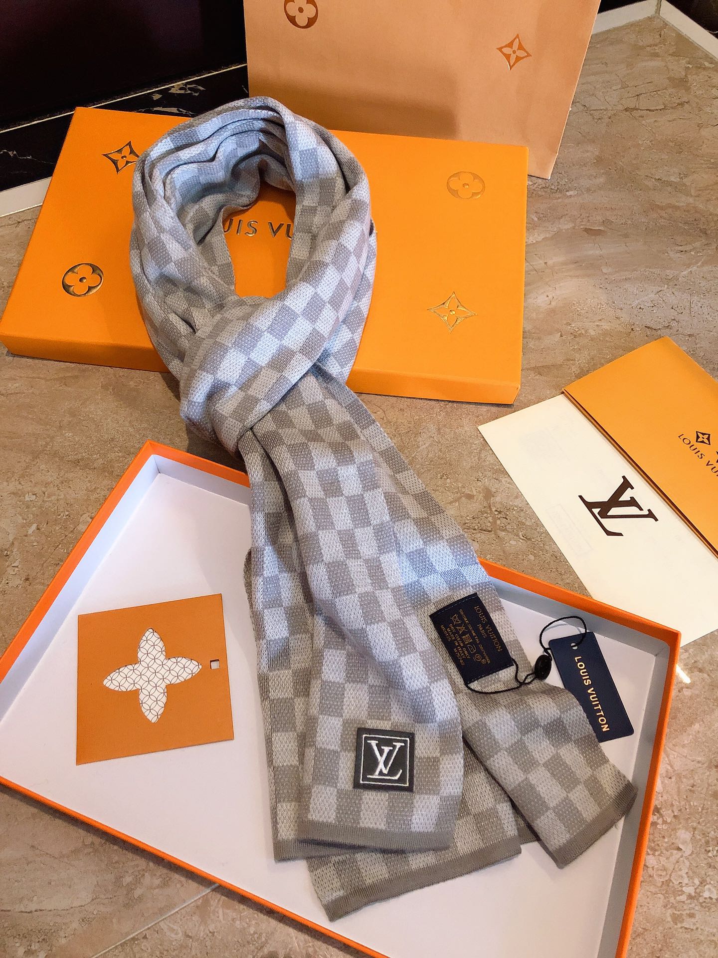 Grey and White Checkered Damier Scarf - Luxury Wool Blend Winter Accessory for Men and Women