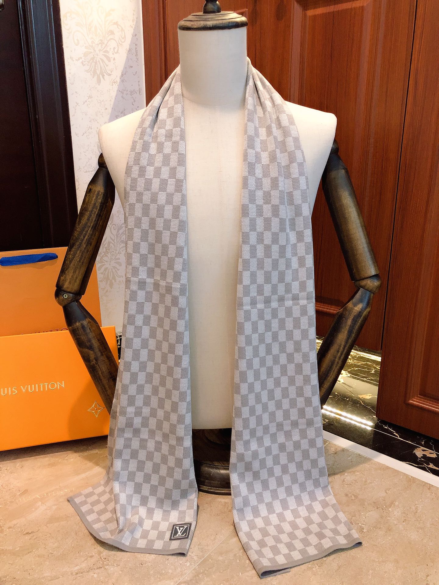 Grey and White Checkered Damier Scarf - Luxury Wool Blend Winter Accessory for Men and Women