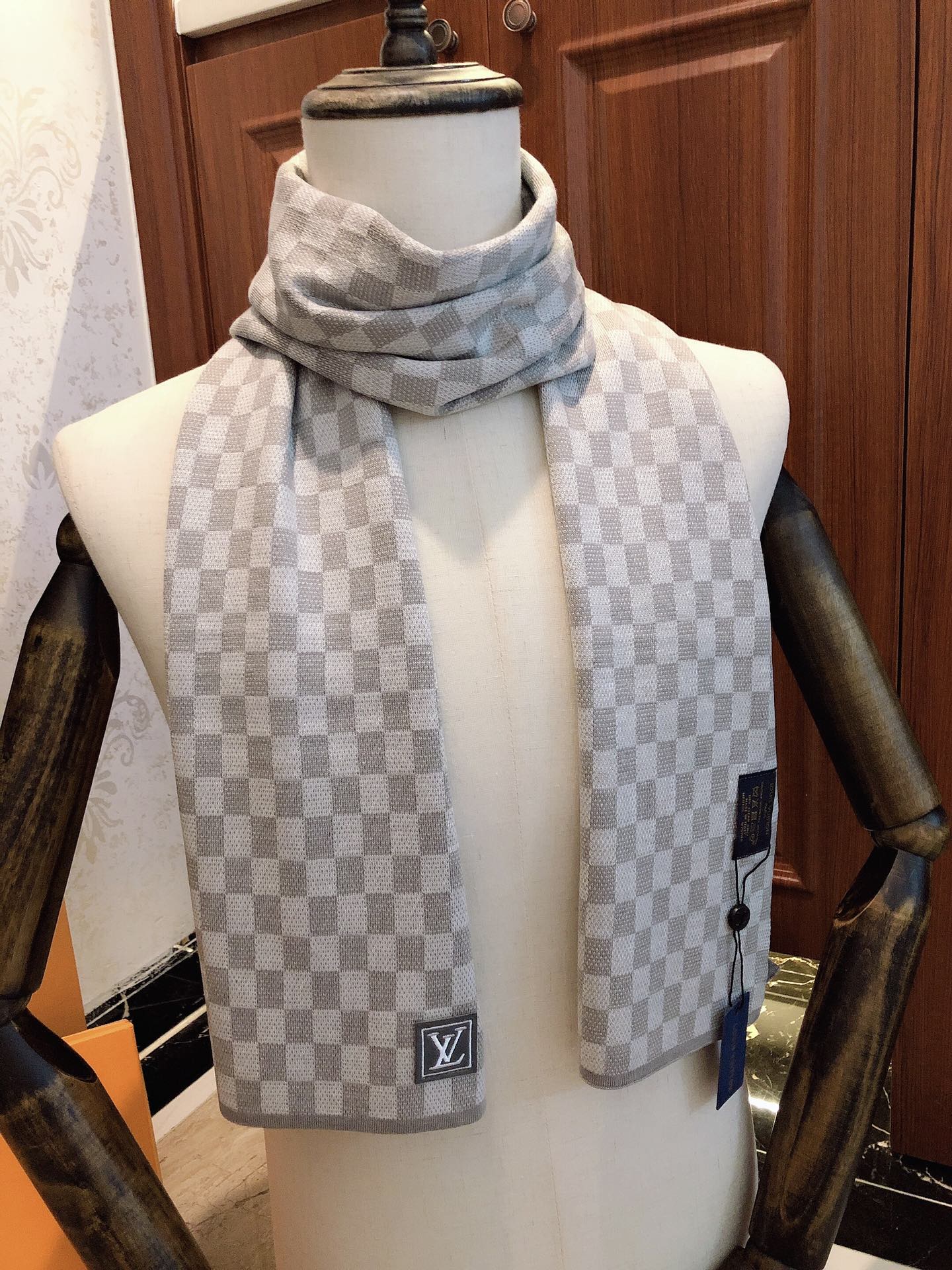 Grey and White Checkered Damier Scarf - Luxury Wool Blend Winter Accessory for Men and Women
