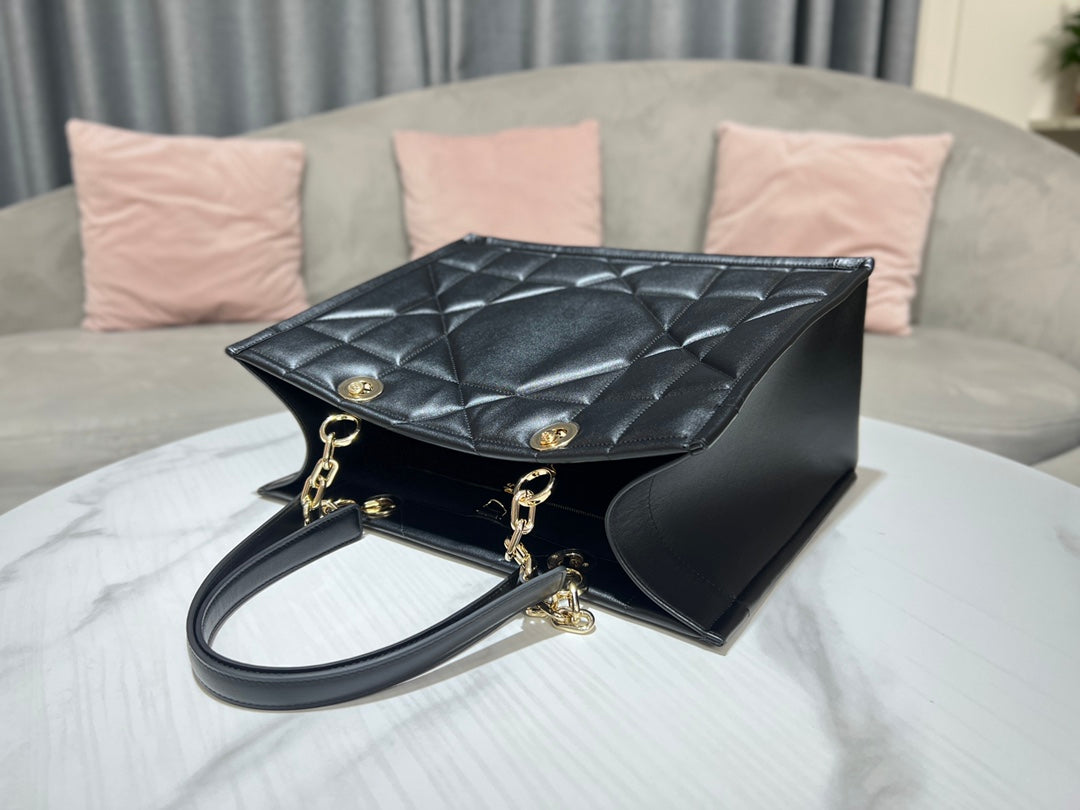 Dior Elegant Black Quilted Leather Tote Handbag with Top Handles