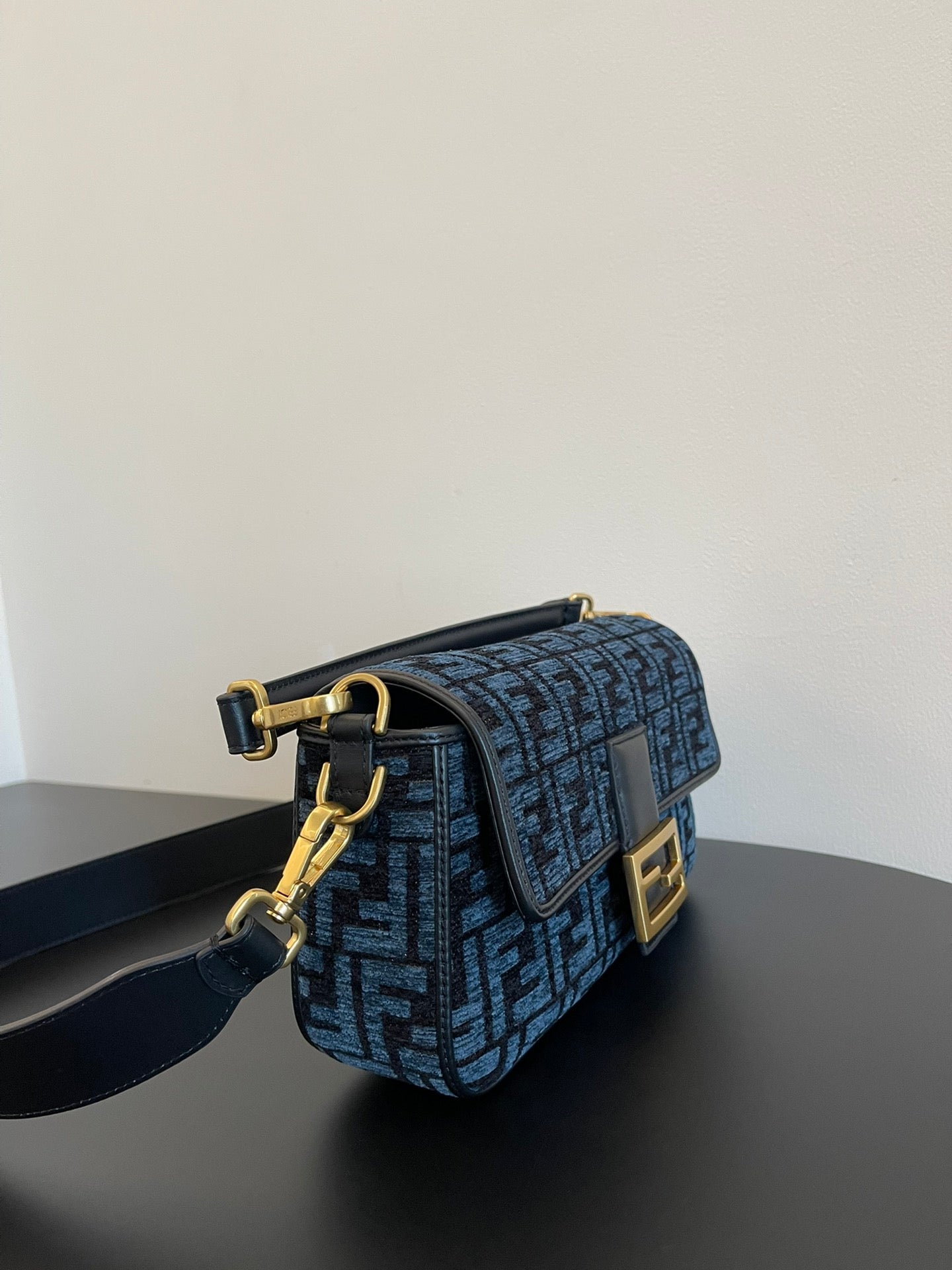 Fendi Baguette Blue FF Monogram Fabric Shoulder Bag