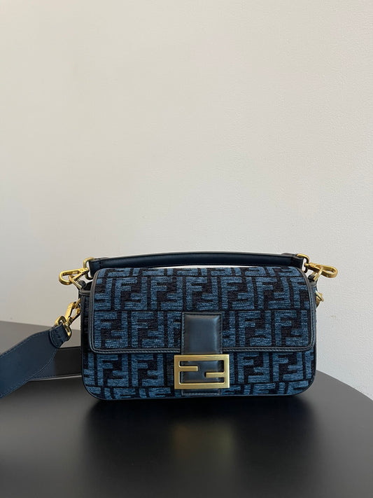 Fendi Baguette Blue FF Monogram Fabric Shoulder Bag