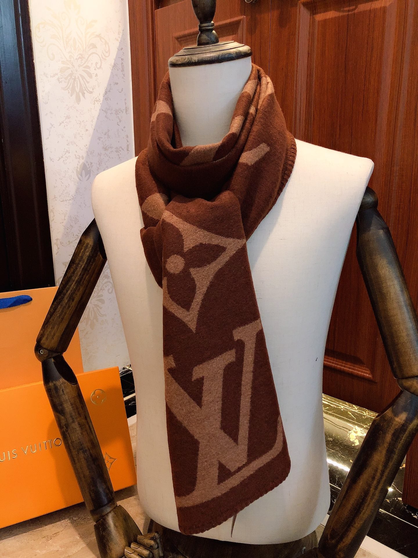 Luxury Monogram Scarf in Brown and Beige - Designer Style Classic Logo Print Winter Shawl for Men and Women