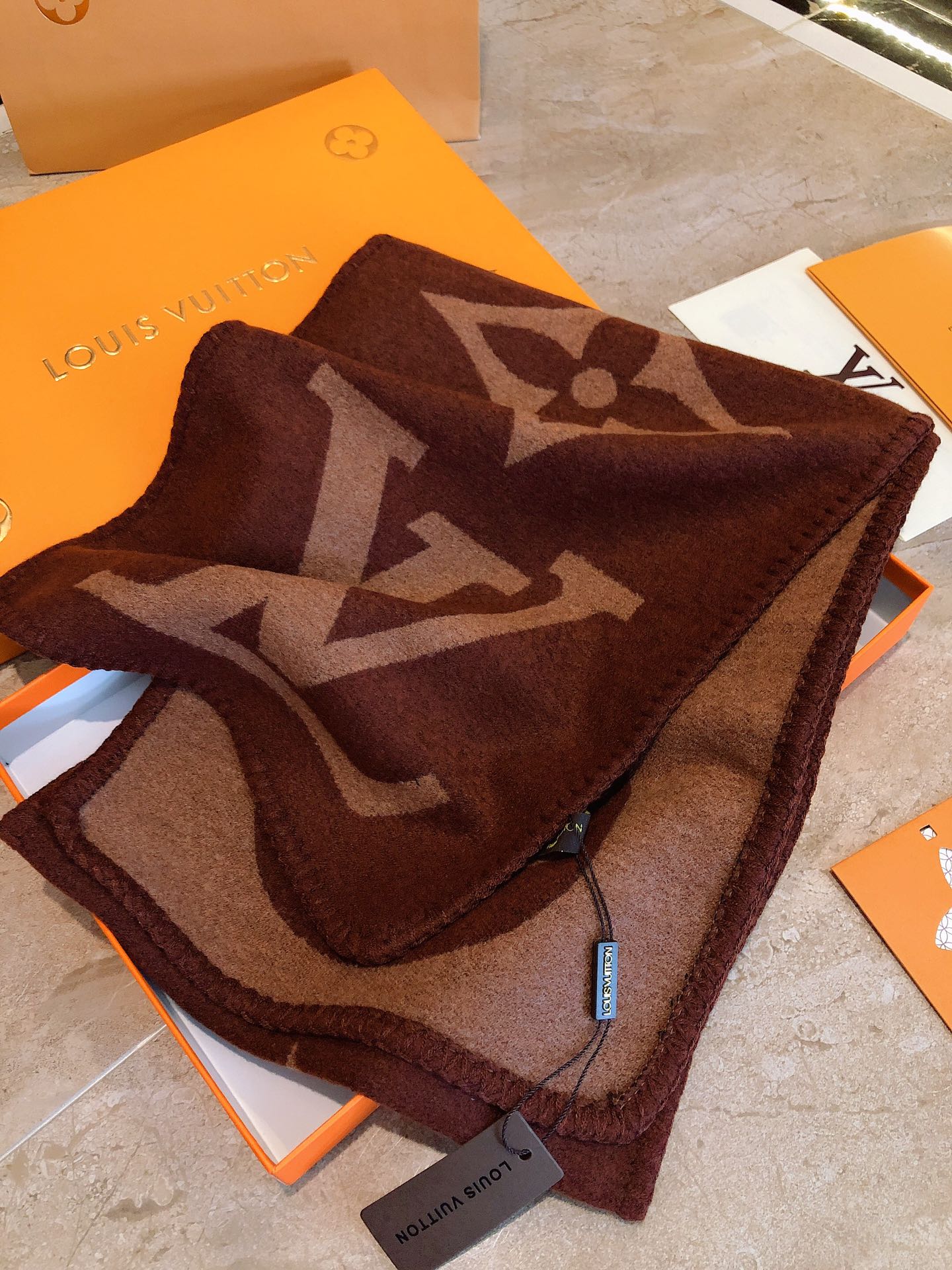 Luxury Monogram Scarf in Brown and Beige - Designer Style Classic Logo Print Winter Shawl for Men and Women