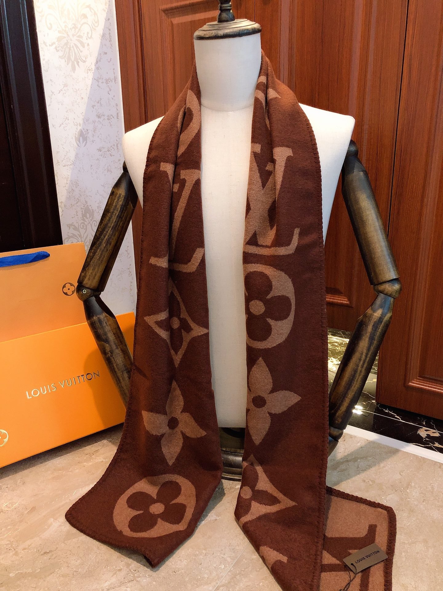 Luxury Monogram Scarf in Brown and Beige - Designer Style Classic Logo Print Winter Shawl for Men and Women