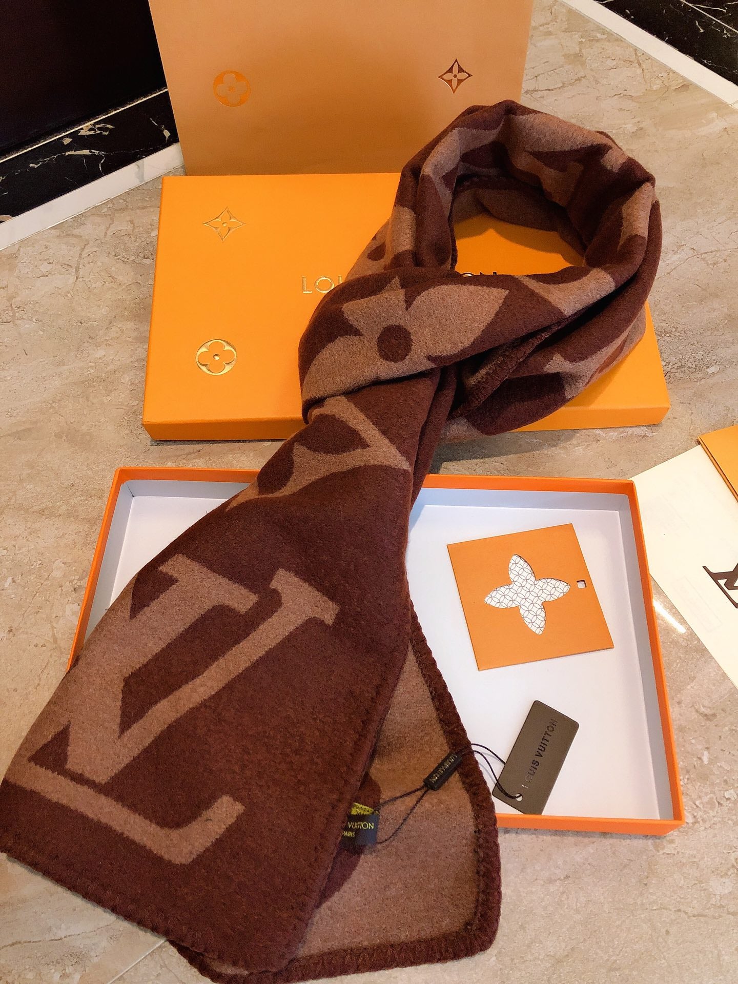 Luxury Monogram Scarf in Brown and Beige - Designer Style Classic Logo Print Winter Shawl for Men and Women