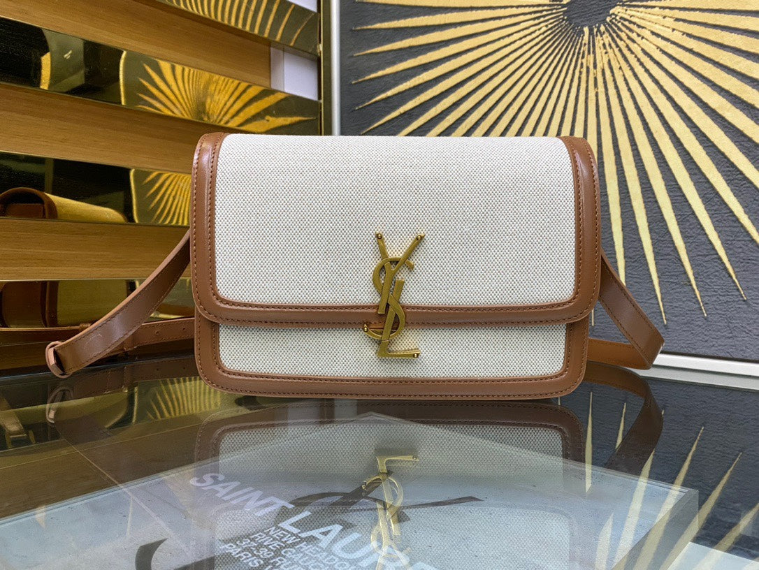 Saint Laurent Solferino Small Shoulder Bag in Canvas and Leather - White/Tan