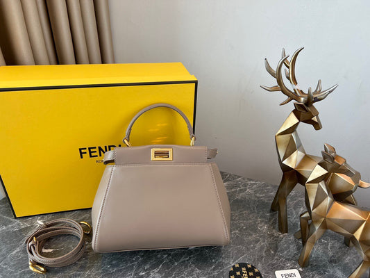 Fendi Peekaboo Small Beige Leather Handbag with Gold-Tone Hardware