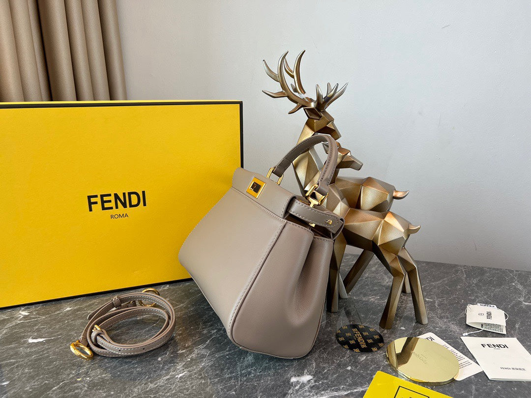 Fendi Peekaboo Small Beige Leather Handbag with Gold-Tone Hardware