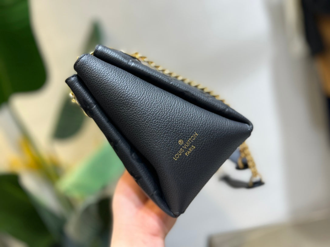 Black Embossed Leather Shoulder Bag with Gold-Tone Chain Strap