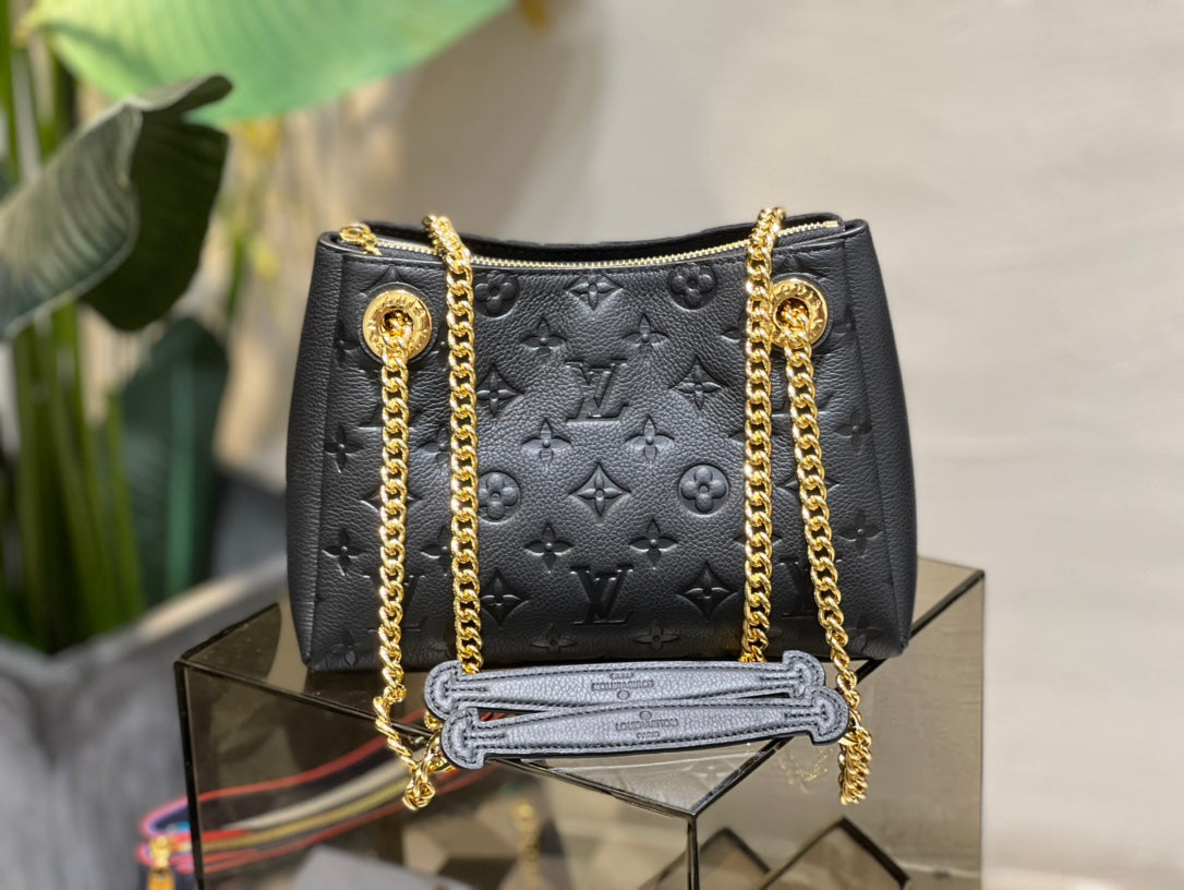 Black Embossed Leather Shoulder Bag with Gold-Tone Chain Strap