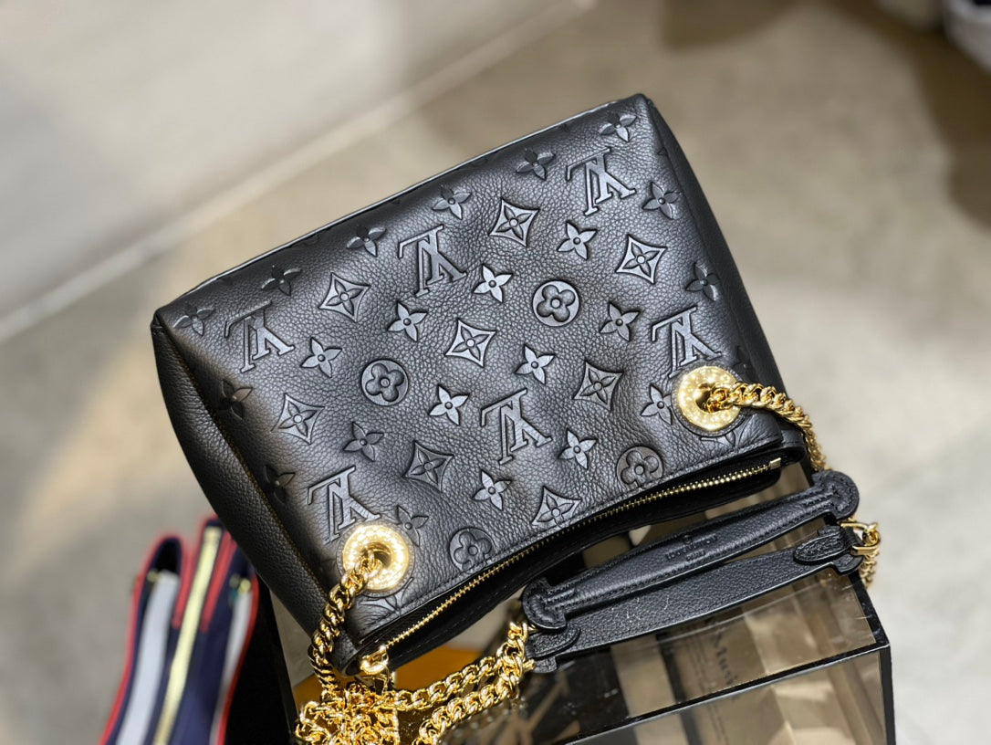 Black Embossed Leather Shoulder Bag with Gold-Tone Chain Strap