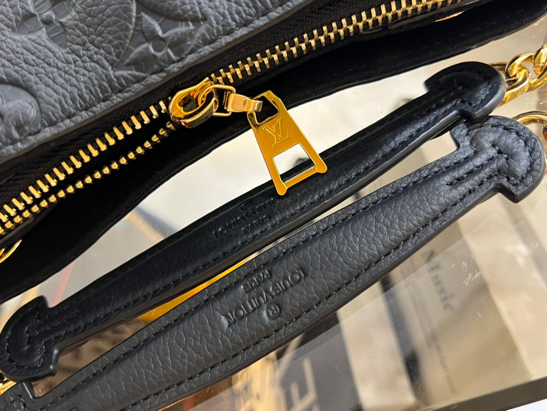 Black Embossed Leather Shoulder Bag with Gold-Tone Chain Strap