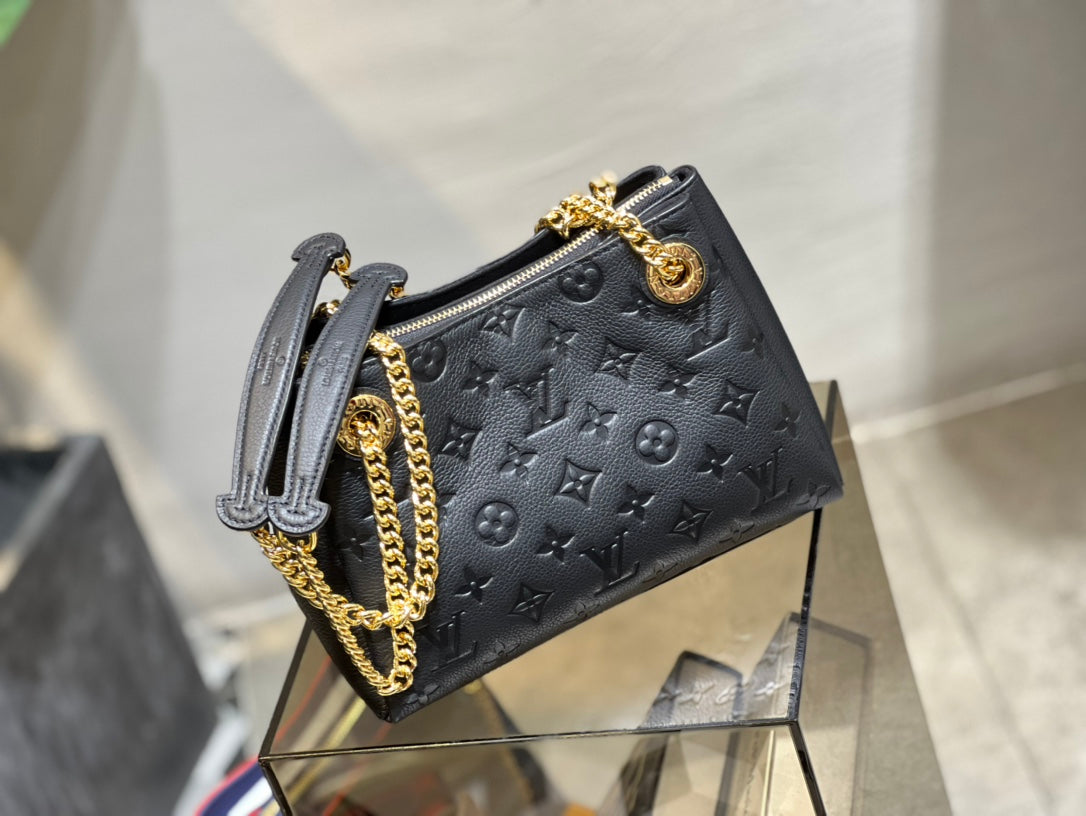 Black Embossed Leather Shoulder Bag with Gold-Tone Chain Strap