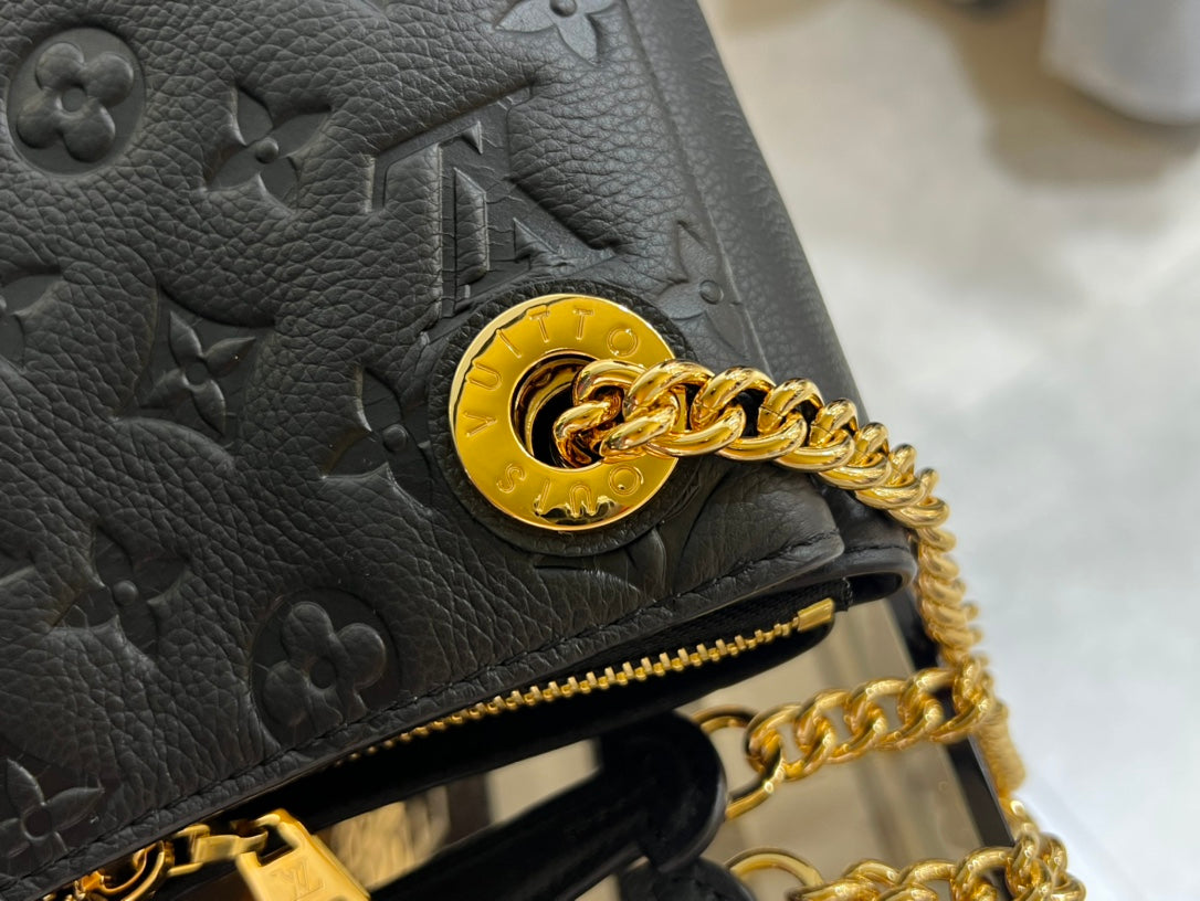 Black Embossed Leather Shoulder Bag with Gold-Tone Chain Strap