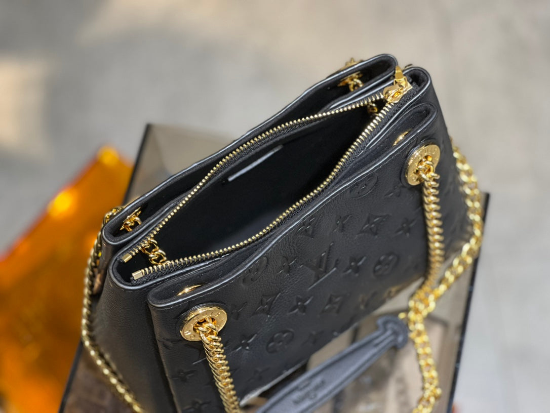 Black Embossed Leather Shoulder Bag with Gold-Tone Chain Strap