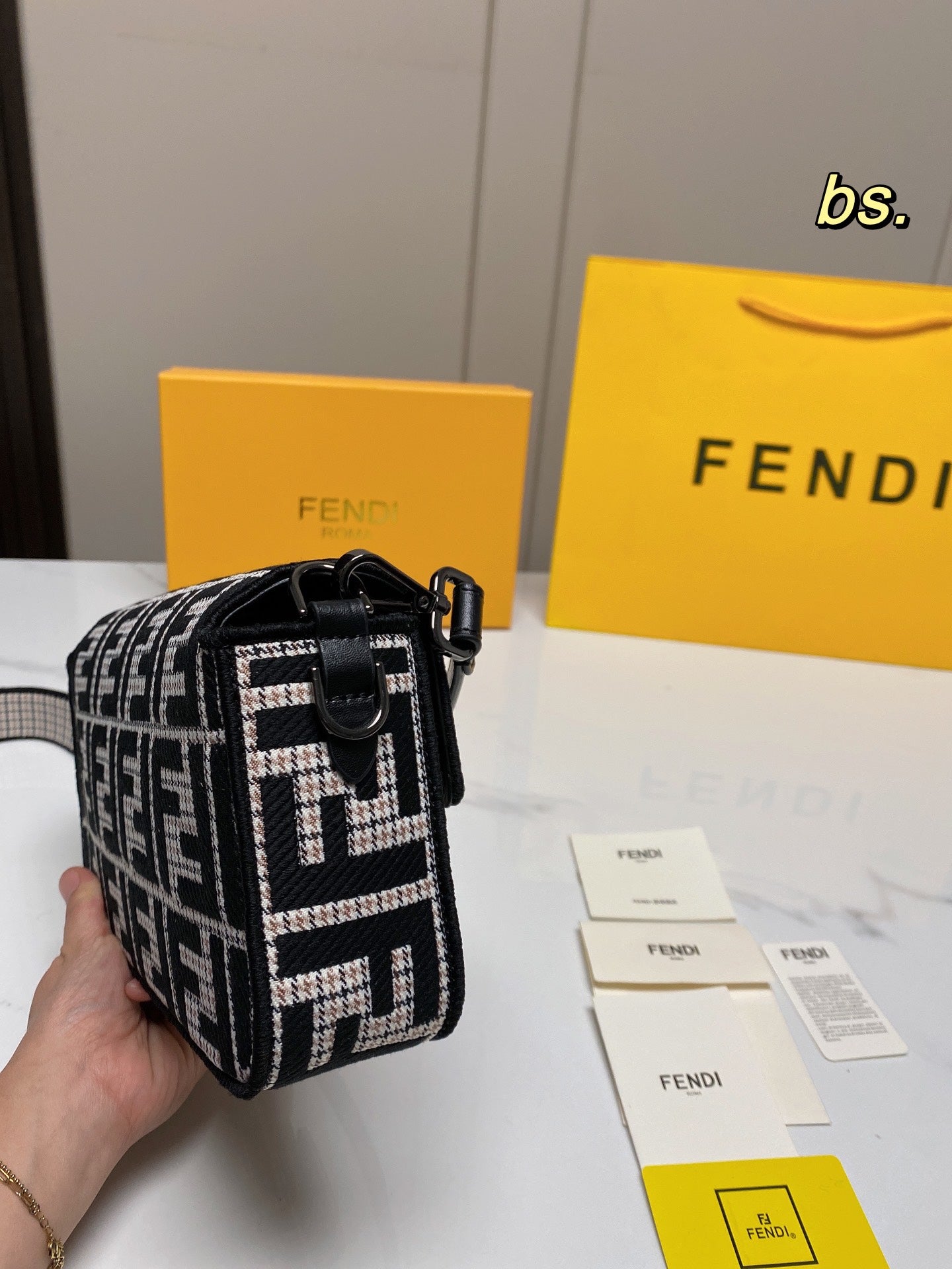 Fendi Baguette FF Monogram Shoulder Bag - Black &amp; White Fabric with Wide Strap