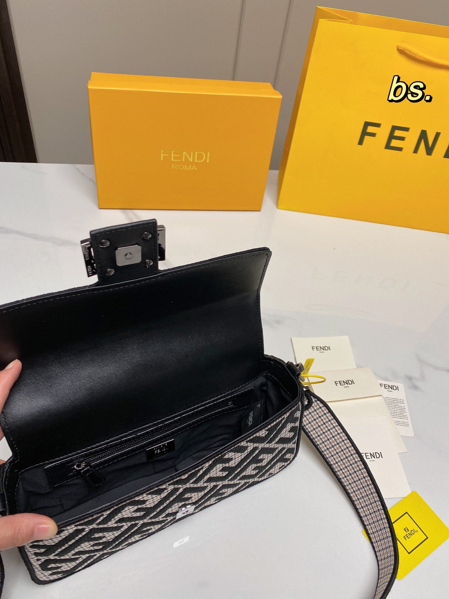 Fendi Baguette FF Monogram Shoulder Bag - Black &amp; White Fabric with Wide Strap