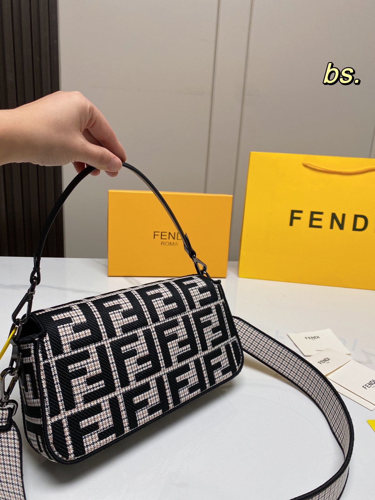 Fendi Baguette FF Monogram Shoulder Bag - Black &amp; White Fabric with Wide Strap