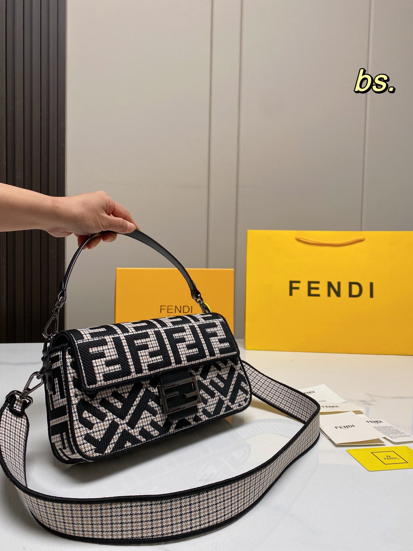 Fendi Baguette FF Monogram Shoulder Bag - Black &amp; White Fabric with Wide Strap