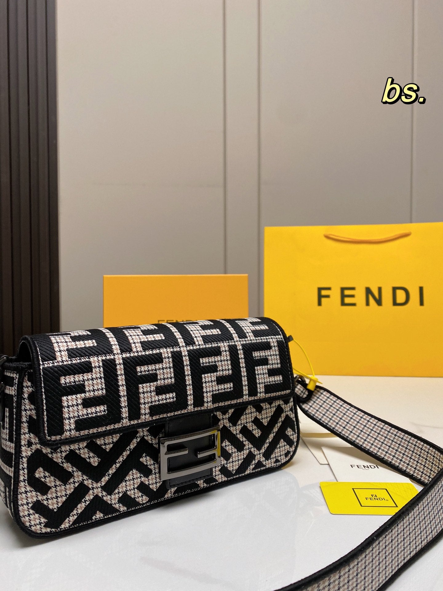 Fendi Baguette FF Monogram Shoulder Bag - Black &amp; White Fabric with Wide Strap