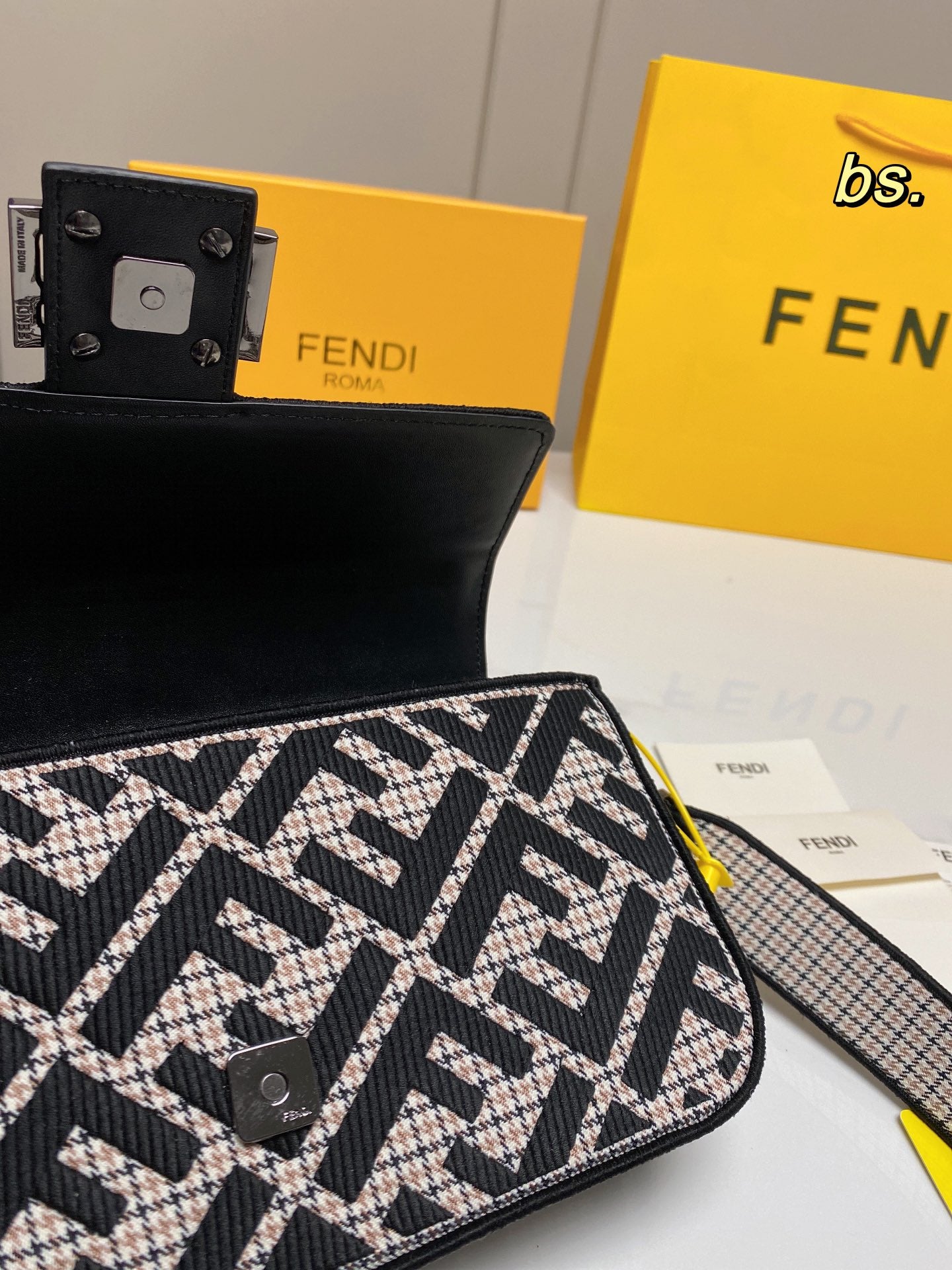 Fendi Baguette FF Monogram Shoulder Bag - Black &amp; White Fabric with Wide Strap