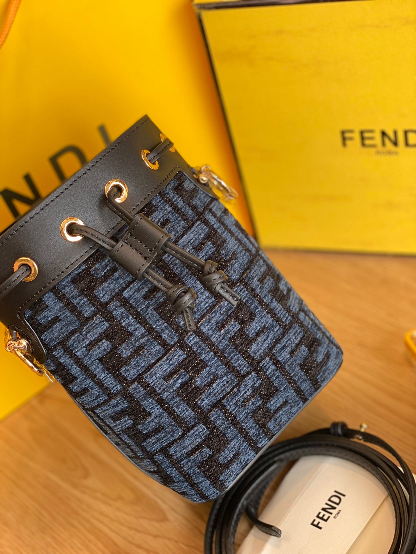 Fendi Mon Tresor Small FF Motif Blue Denim Bucket Bag