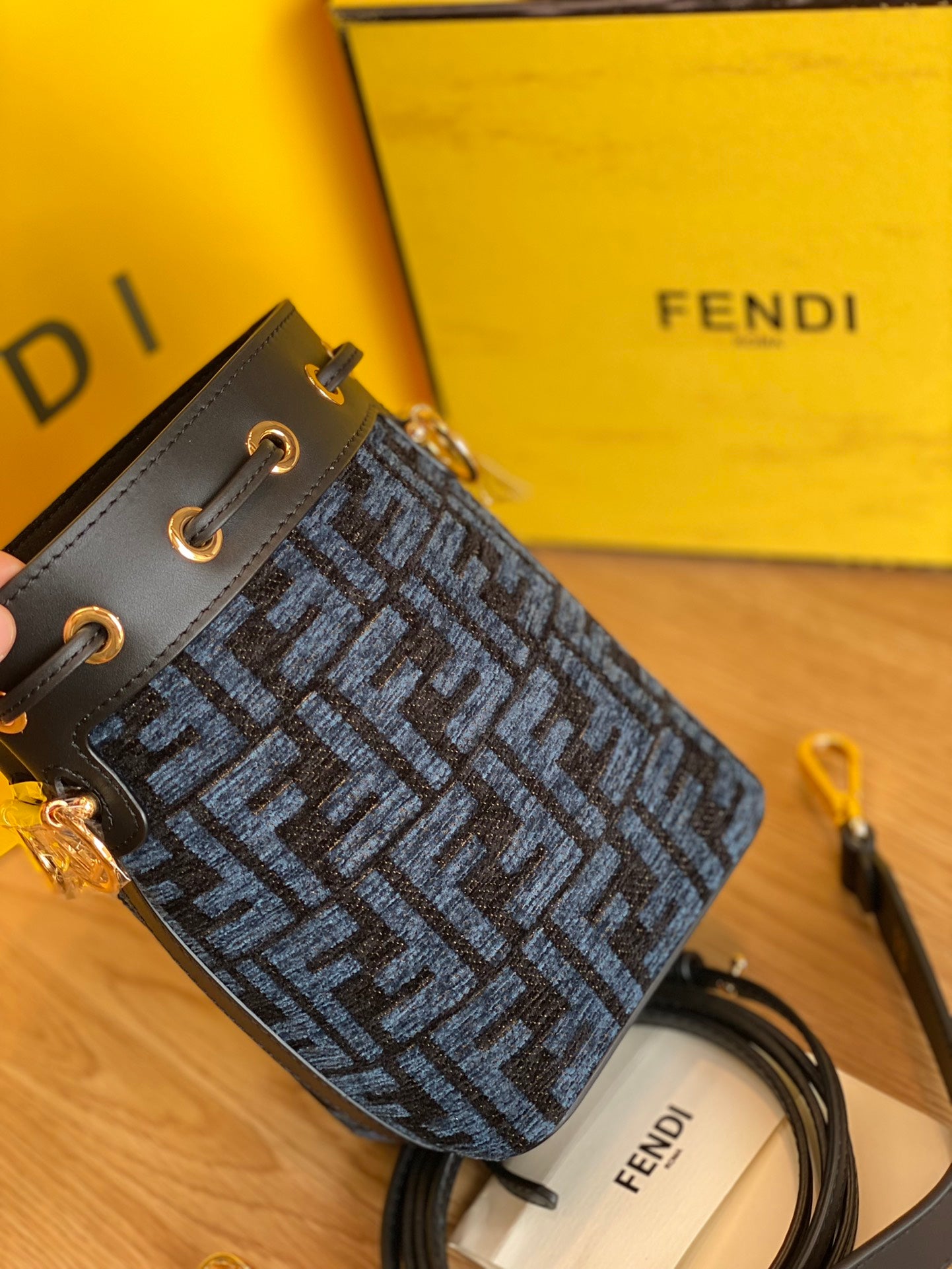 Fendi Mon Tresor Small FF Motif Blue Denim Bucket Bag