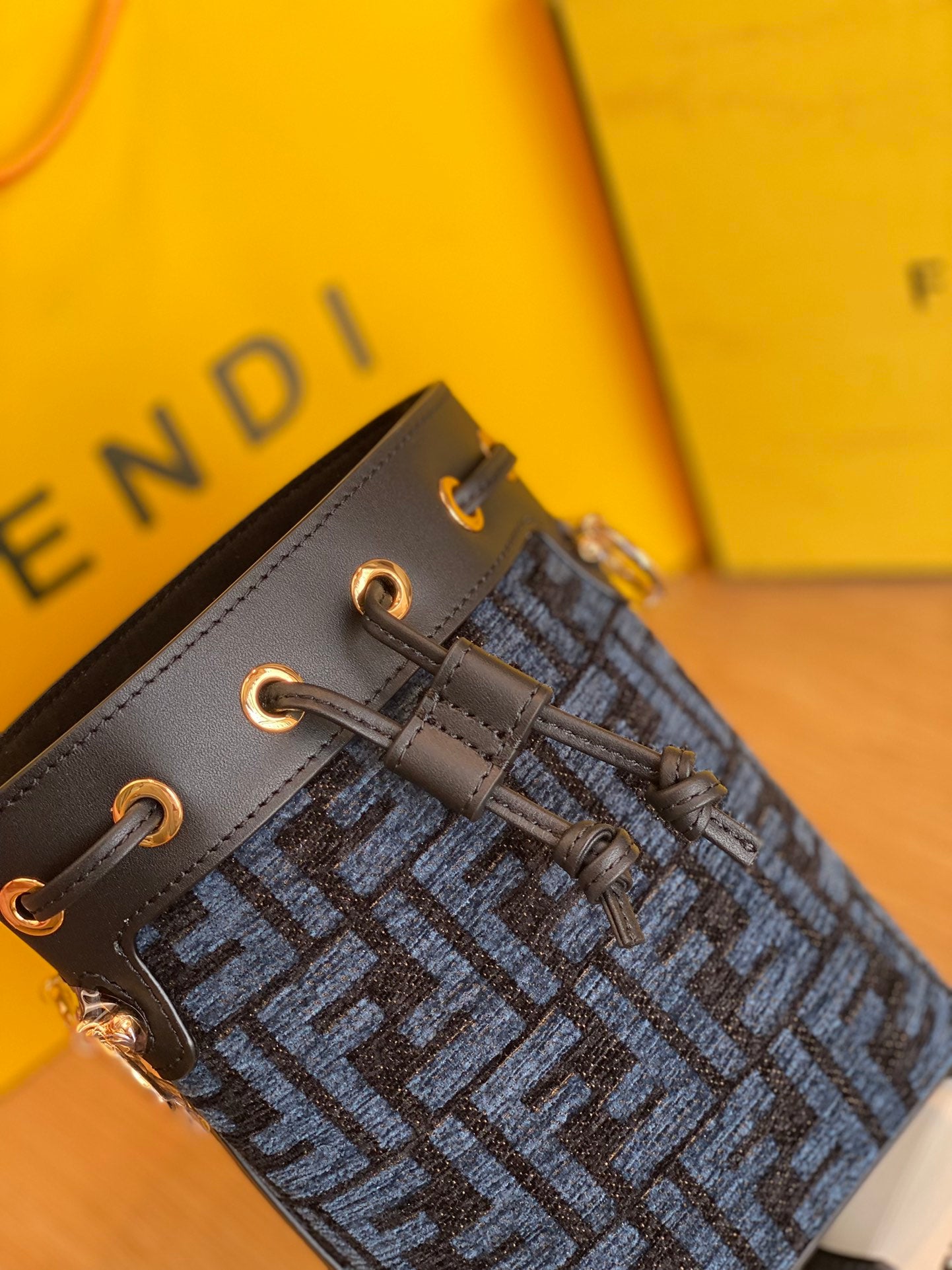 Fendi Mon Tresor Small FF Motif Blue Denim Bucket Bag