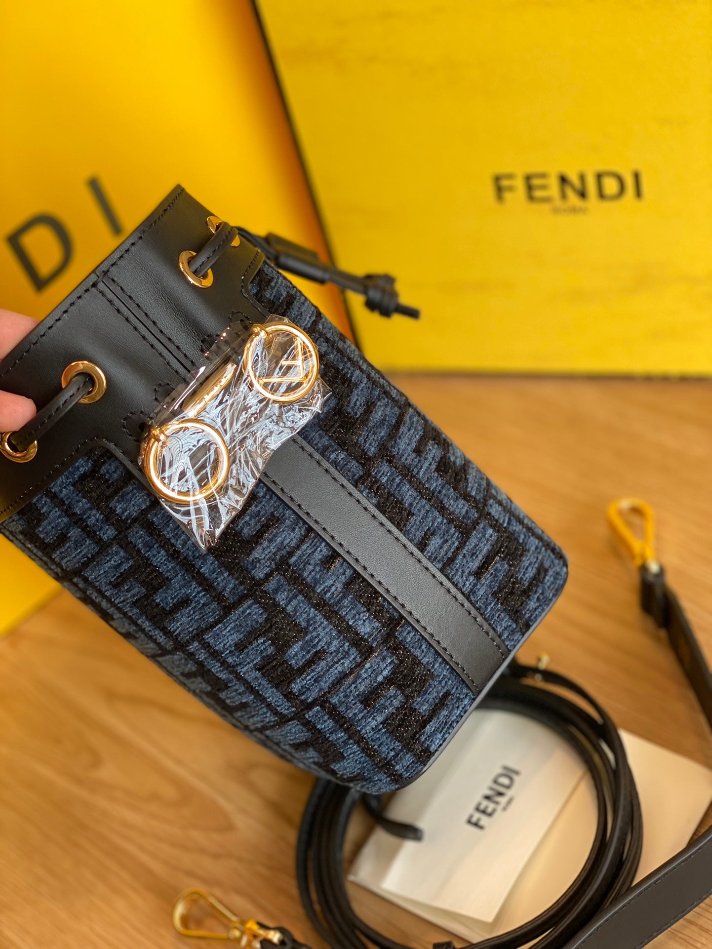 Fendi Mon Tresor Small FF Motif Blue Denim Bucket Bag