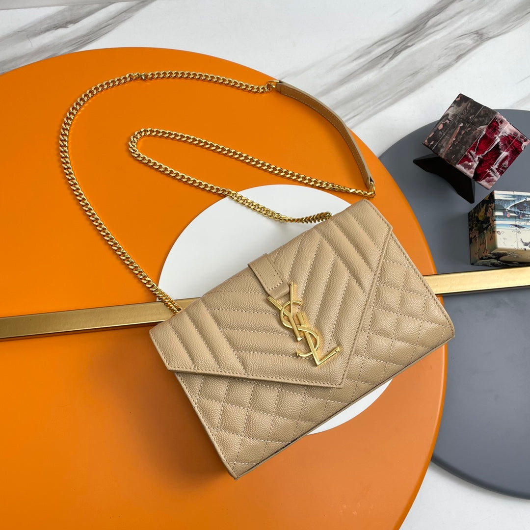 Saint Laurent Envelope Bag in Beige Quilted Leather with Gold-Tone Chain