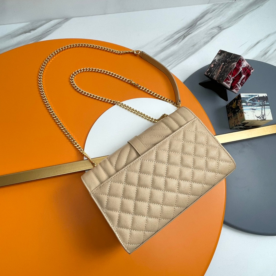 Saint Laurent Envelope Bag in Beige Quilted Leather with Gold-Tone Chain