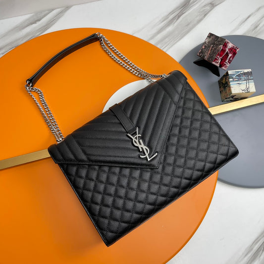 Saint Laurent Envelope Medium Bag in Mix Matelassé Grain de Poudre Leather - Black
