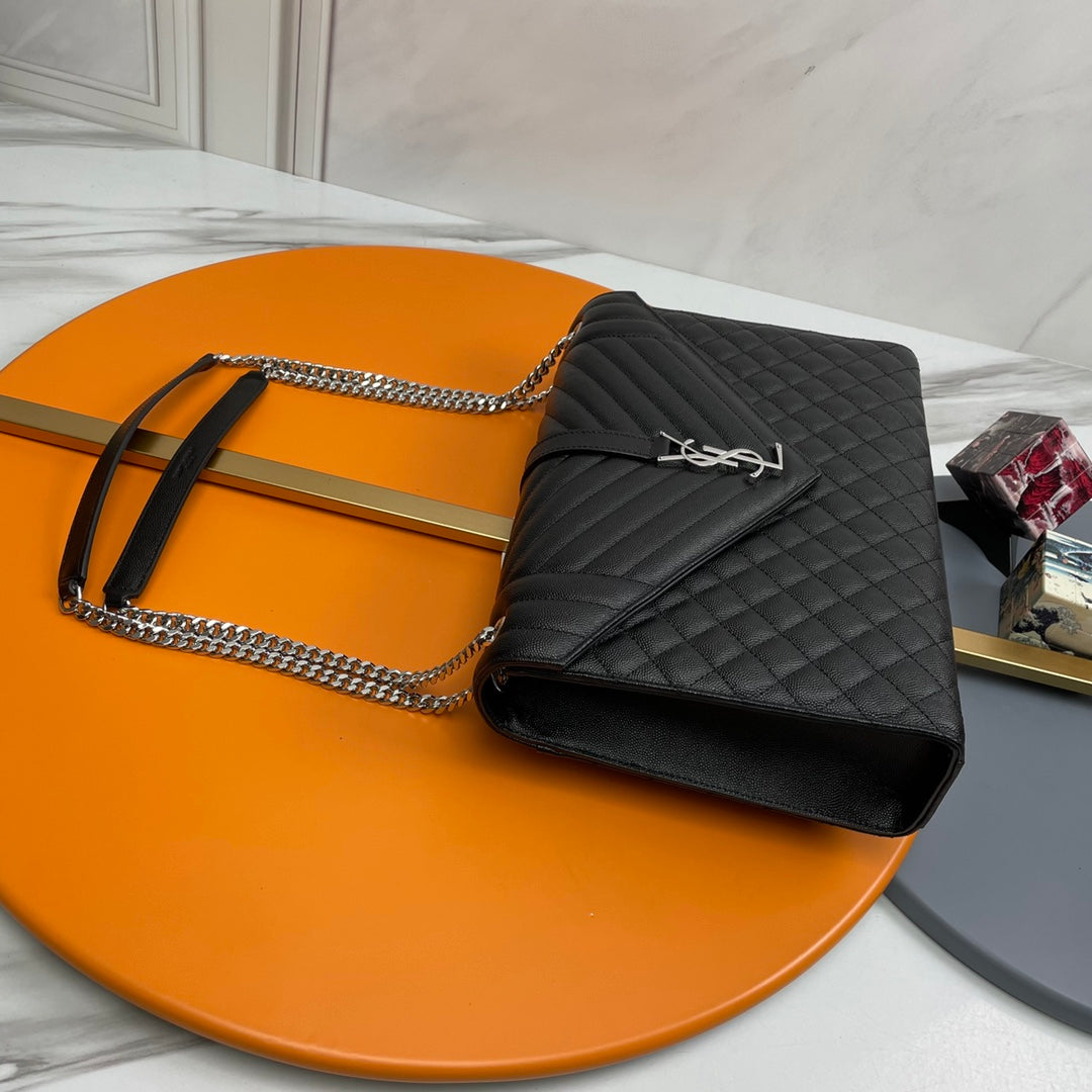 Saint Laurent Envelope Medium Bag in Mix Matelassé Grain de Poudre Leather - Black