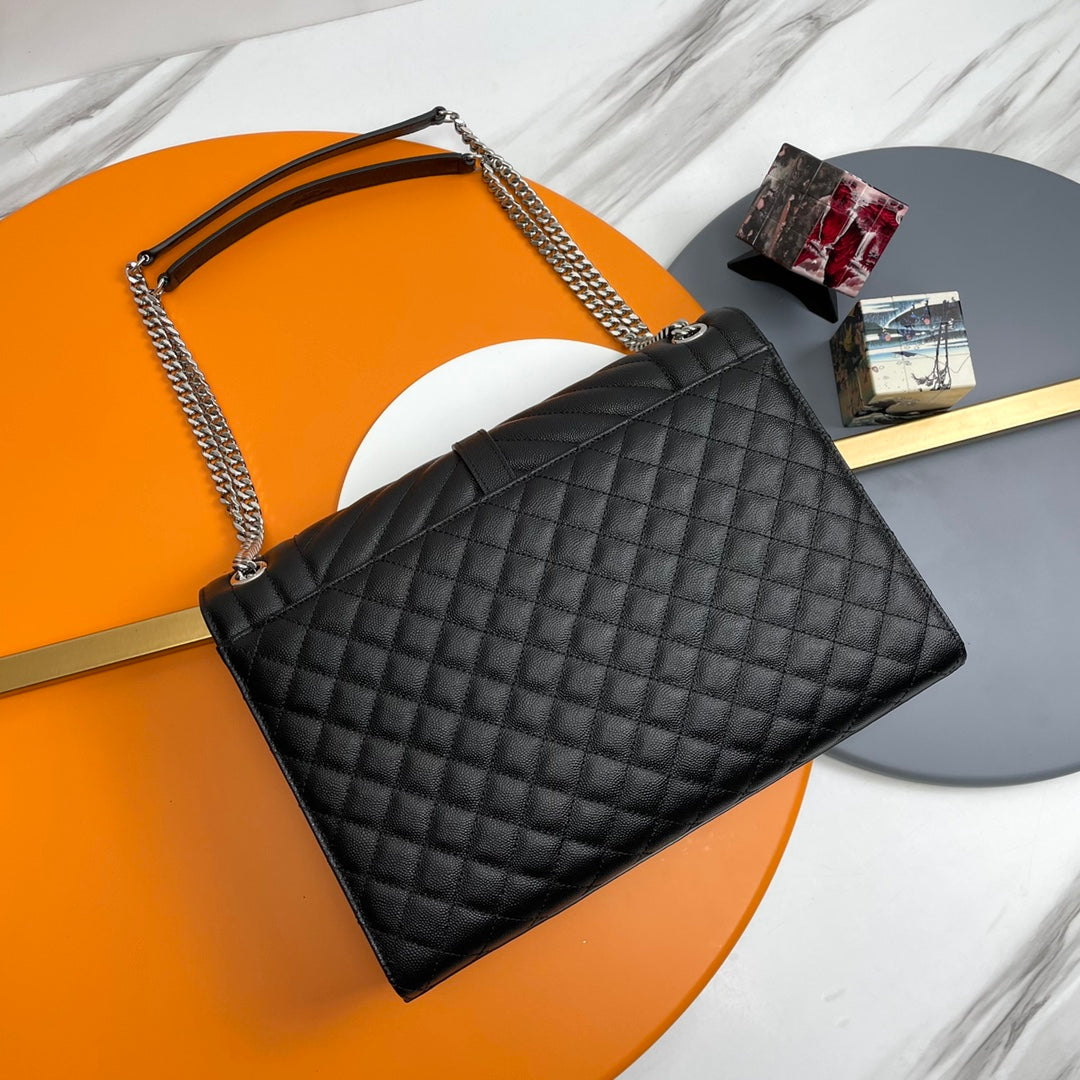 Saint Laurent Envelope Medium Bag in Mix Matelassé Grain de Poudre Leather - Black