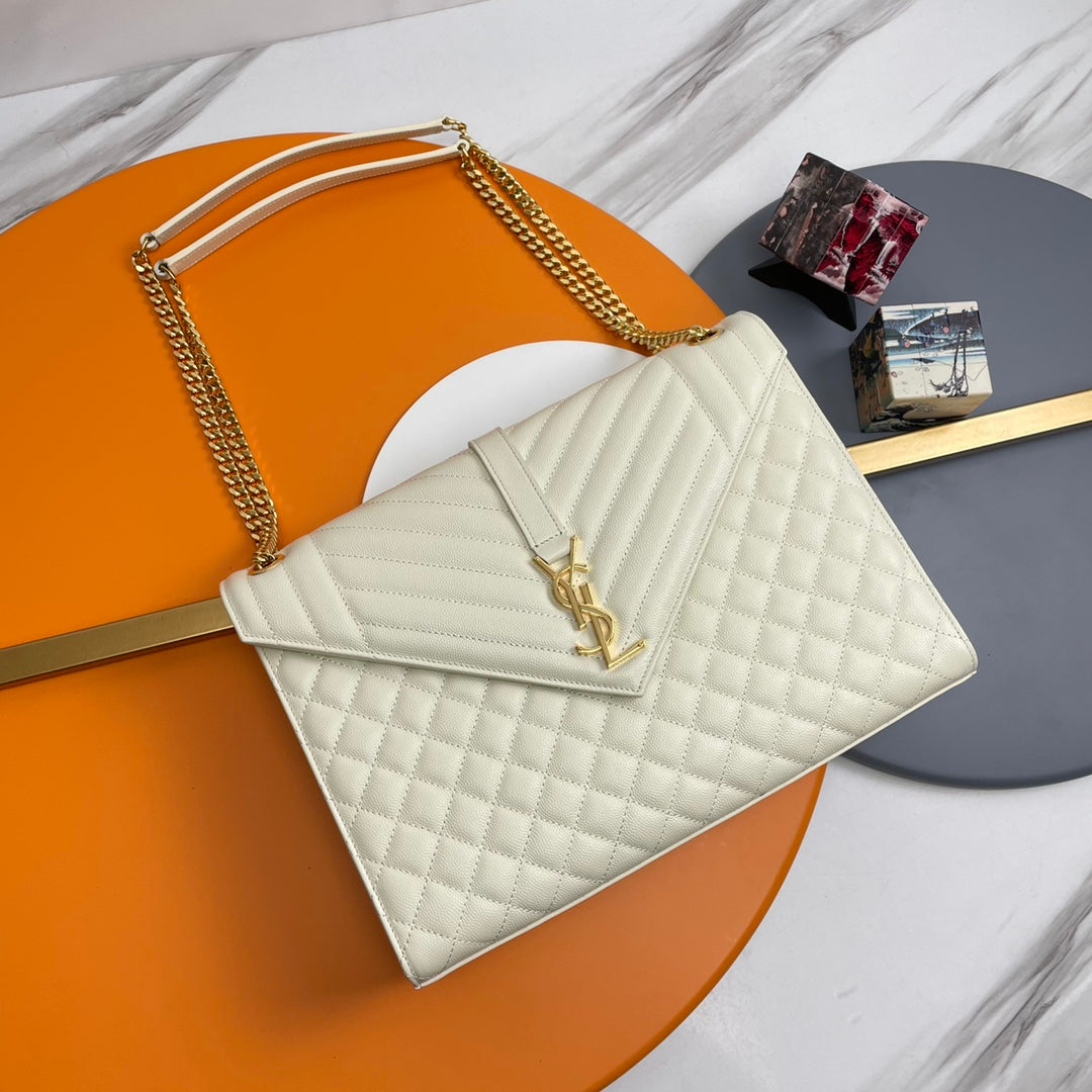 Saint Laurent Envelope Medium Bag in Quilted Leather - White/Gold
