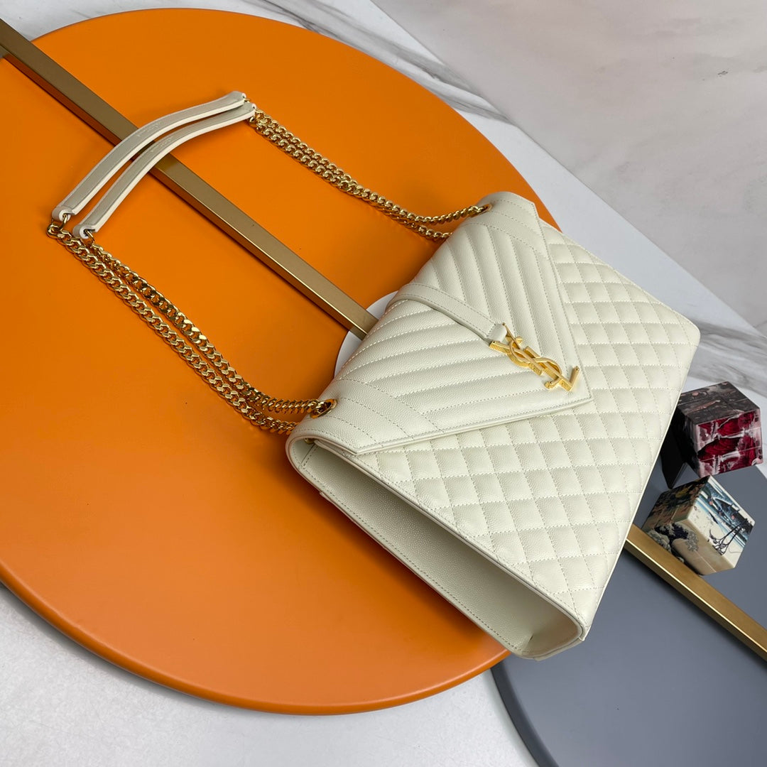 Saint Laurent Envelope Medium Bag in Quilted Leather - White/Gold