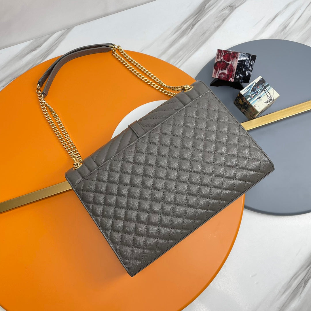 Saint Laurent Large Envelope Bag in Mix Matelassé Grain de Poudre Leather - Grey
