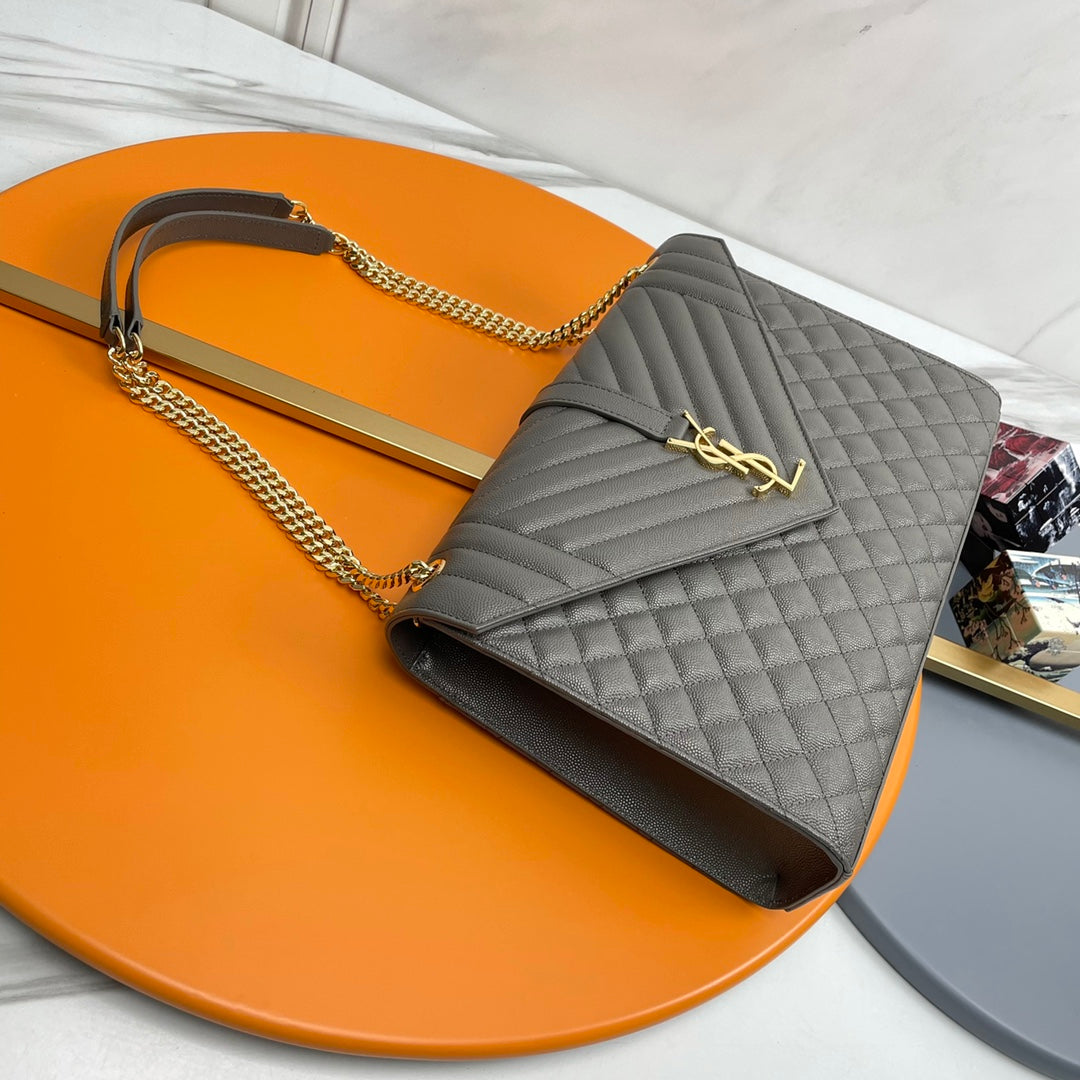 Saint Laurent Large Envelope Bag in Mix Matelassé Grain de Poudre Leather - Grey