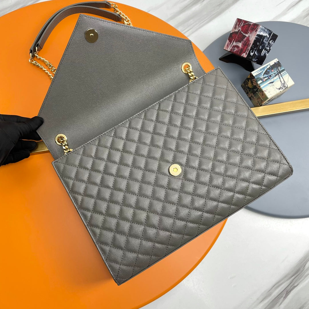 Saint Laurent Large Envelope Bag in Mix Matelassé Grain de Poudre Leather - Grey