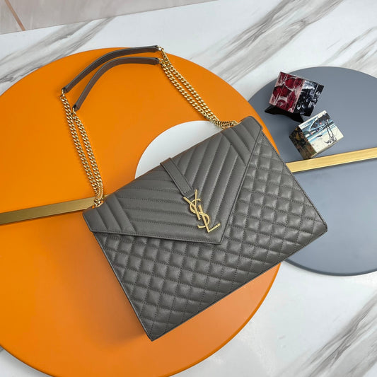 Saint Laurent Large Envelope Bag in Mix Matelassé Grain de Poudre Leather - Grey