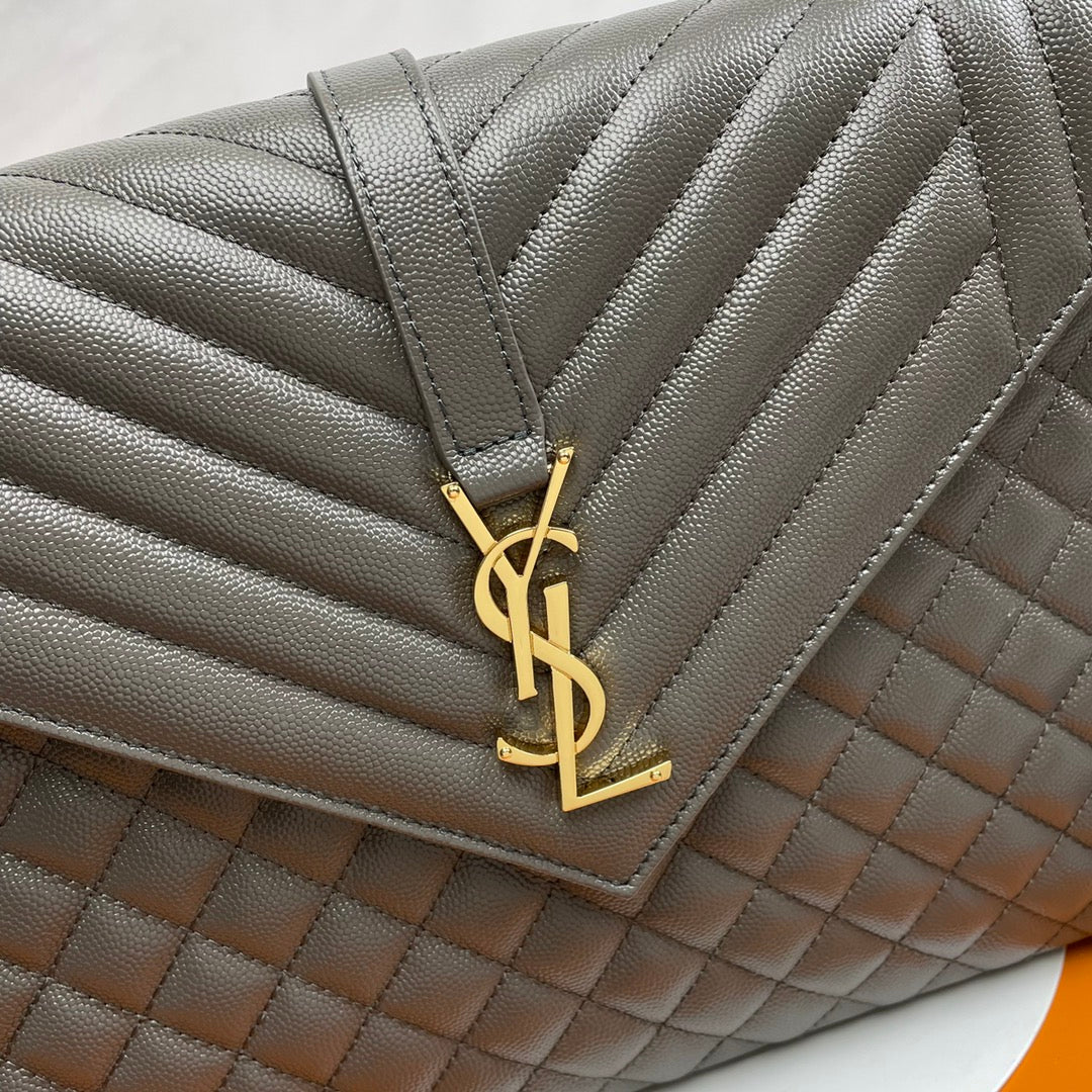 Saint Laurent Large Envelope Bag in Mix Matelassé Grain de Poudre Leather - Grey