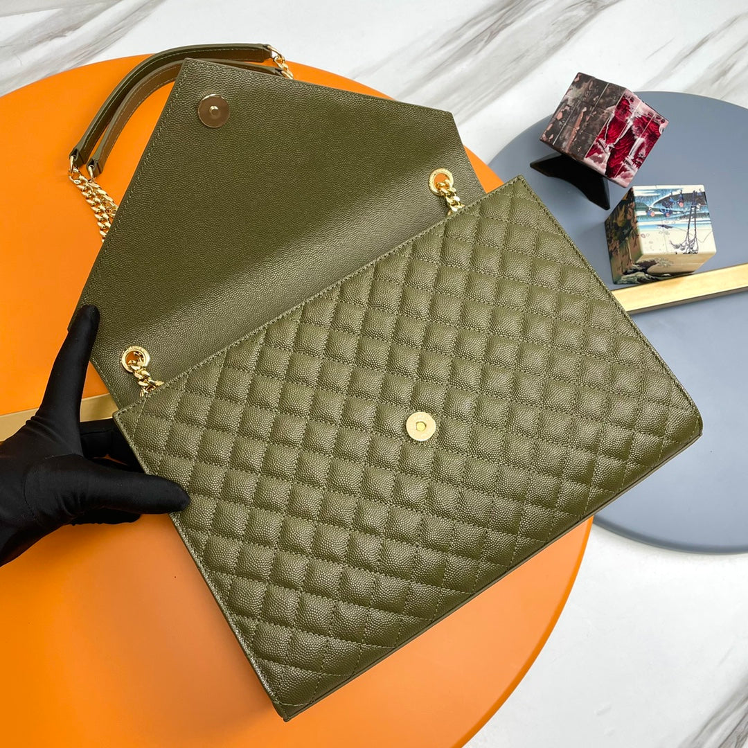 Saint Laurent YSL Envelope Medium Bag in Quilted Olive Green Leather